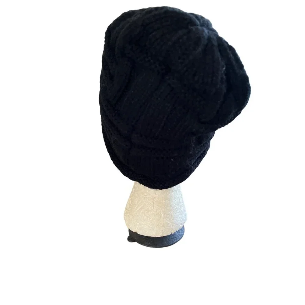 Black beenie toboggan hat with brown beading and buttons in front